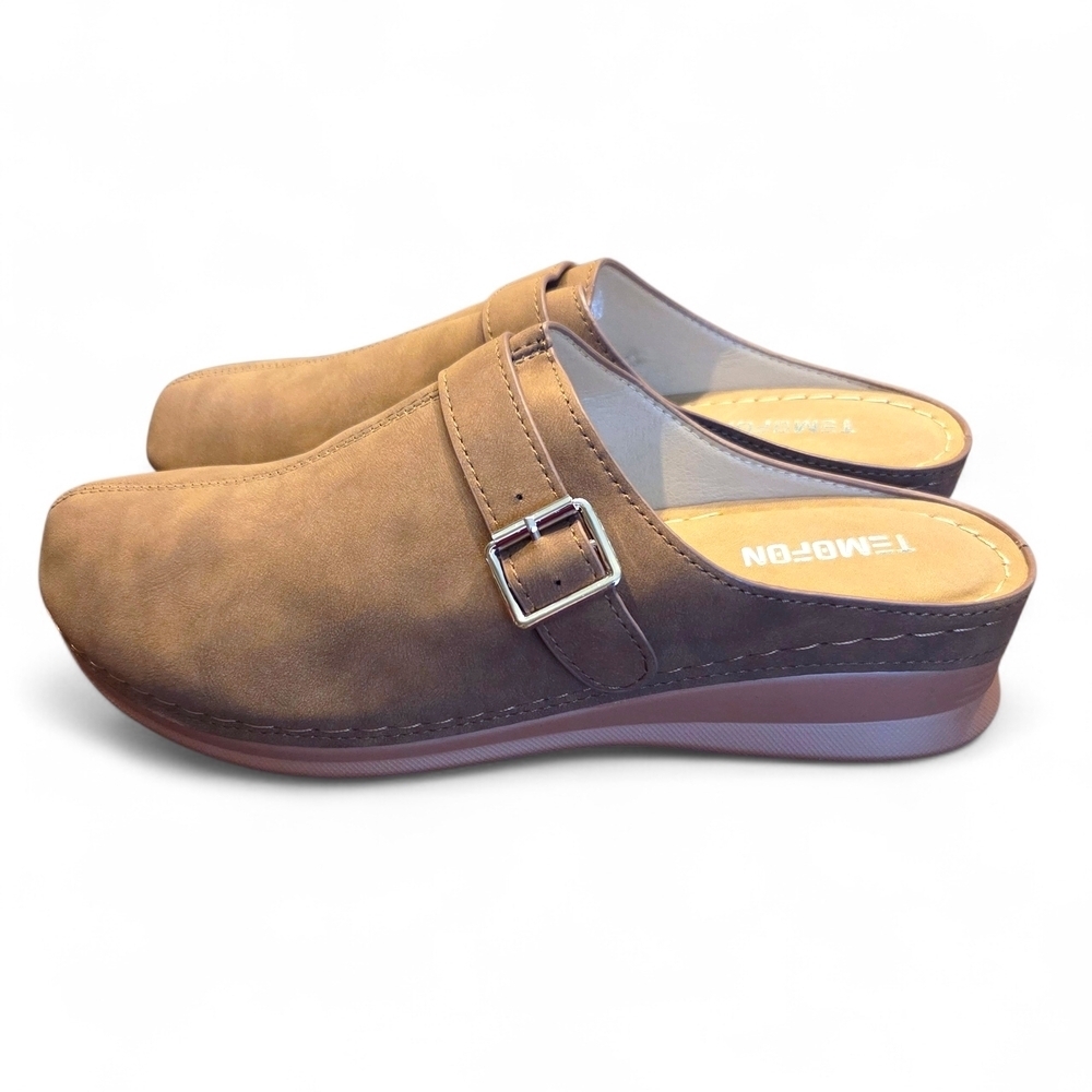Tan Clogs Slip-on Mules with Buckle Strap Detail EU Size 42 US 10 NEW W/Out Box - Picture 5 of 13